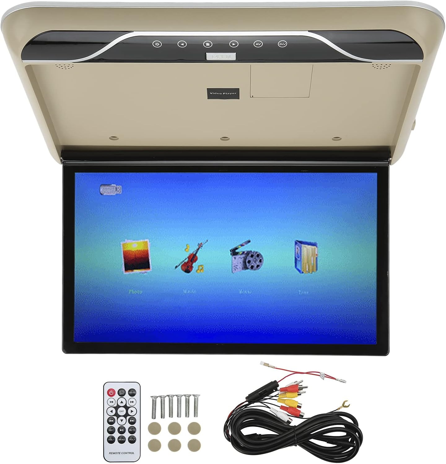 car display19in LCD 1080P Car Overhead Flip Down Monitor Full Viewing Ceiling HD Digital TV with Light Car Stereo Player MP5, IR FM USB 12V/24V(Beige)