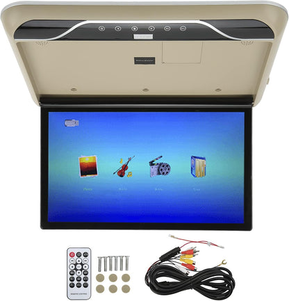 car display19in LCD 1080P Car Overhead Flip Down Monitor Full Viewing Ceiling HD Digital TV with Light Car Stereo Player MP5, IR FM USB 12V/24V(Beige)