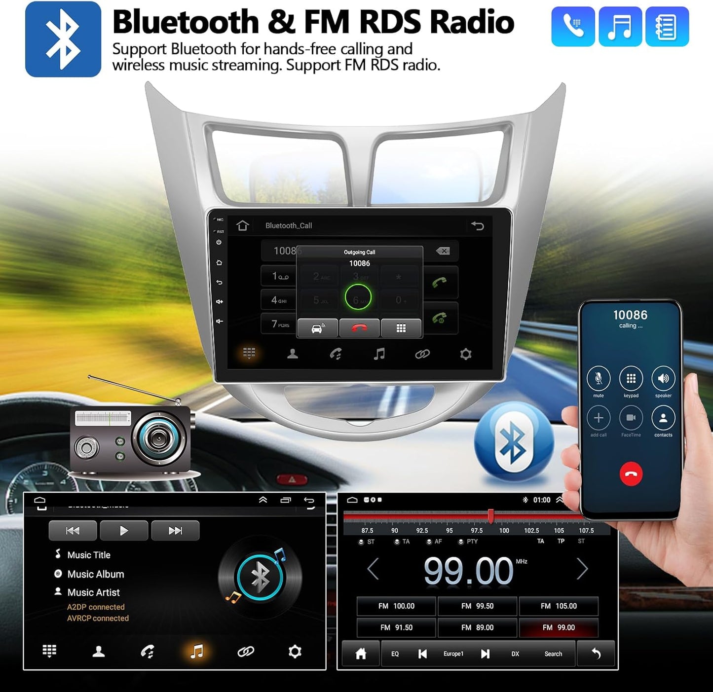 2G+64G Android 13 Car Stereo for Hyundai Accent 2012-2017 with Wireless Carplay Android Auto 9" Touchscreen Car Radio with GPS Navigation HiFi WiFi Bluetooth FM/RDS Radio Head Unit with Backup Camera