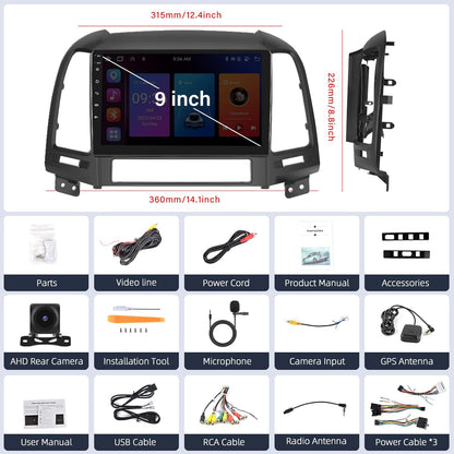 SIXWIN Android 13 4G+64G Car Stereo for Hyundai Santafe 2006-2012 9 Inch Touch Screen with CarPlay Android Auto with Bluetooth Weather Forecast 59UI GPS Navigation WiFi Network Radio 32EQ