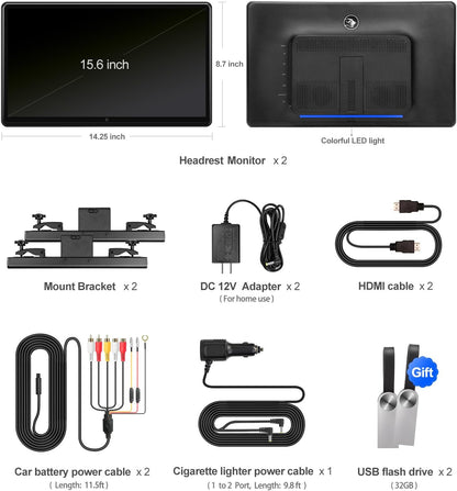 car display15.6-inch 4K Android portable car TV headrest display tablet suitable for car backseat, supports mobile phone wireless touch screen, comes with WiFi/Bluetooth/HDMI/USB/FM/multimedia video player