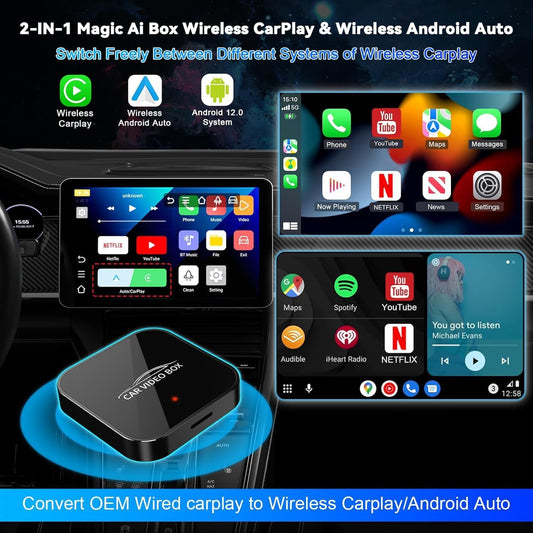 Wireless Carplay Adapter with Netflix YouTube, 2024 Carplay Wireless Adapter& Android Auto Wireless Dongle Easy to Setup,5GHz WiFi,Video Box Convert Wried to Wireless CarPlay Stream to Your Car