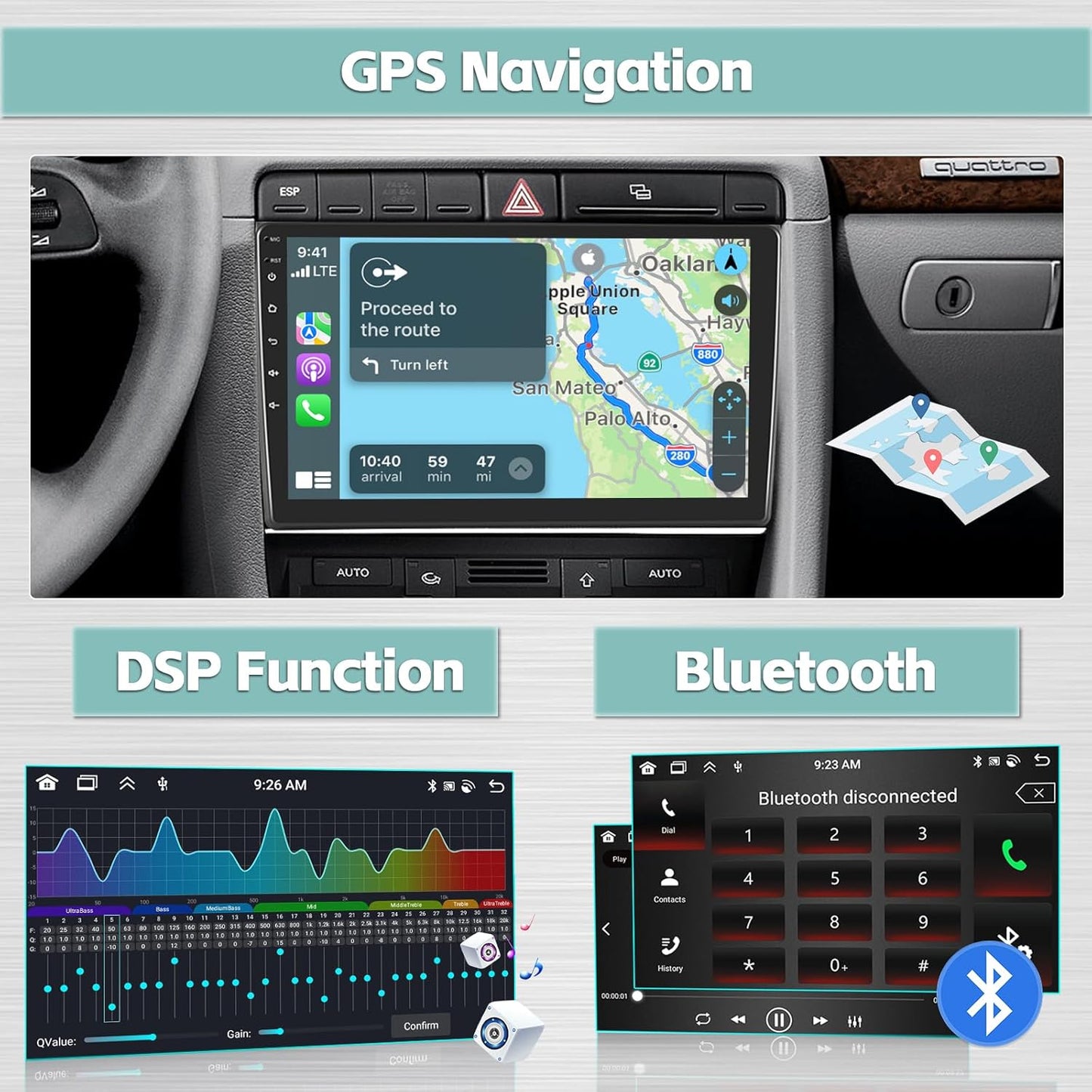 8Core 4+64G Car Stereo for Audi A4 S4 RS4 2002-2008 with Wireless Apple Carplay Android Auto, Android 13 9 inch 1280*720 Touch Screen Car Radio with GPS WiFi BT 5.0 DSP FM RDS Radio AHD Backup Camera