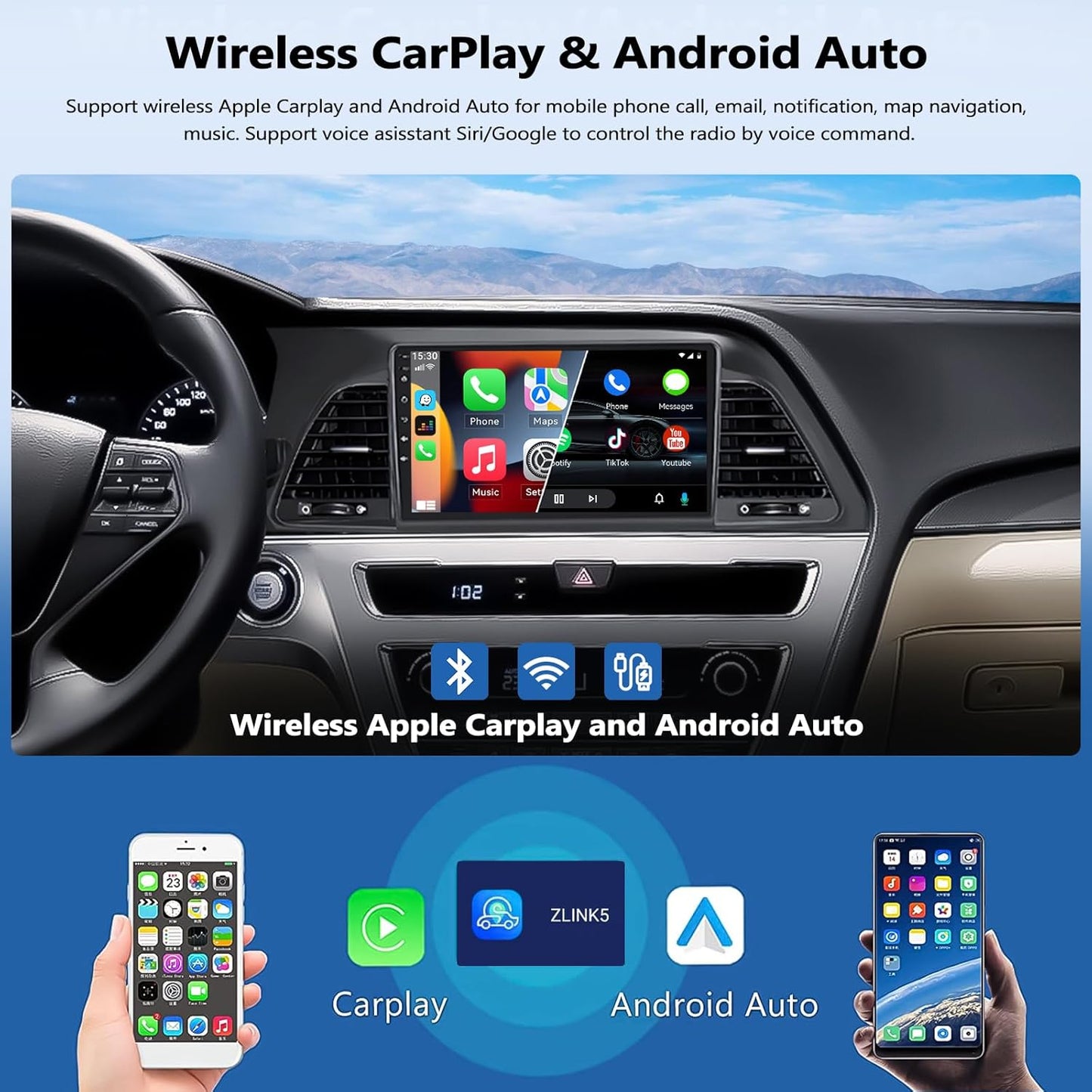 2G+32G Car Stereo Radio for Hyundai Sonata 2015 2016 2017 with Wireless CarPlay Android Auto Android 13 Car Radio 9" Touch Screen Bluetooth Radio with GPS Navigation FM RDS Backup Camera Head Unit