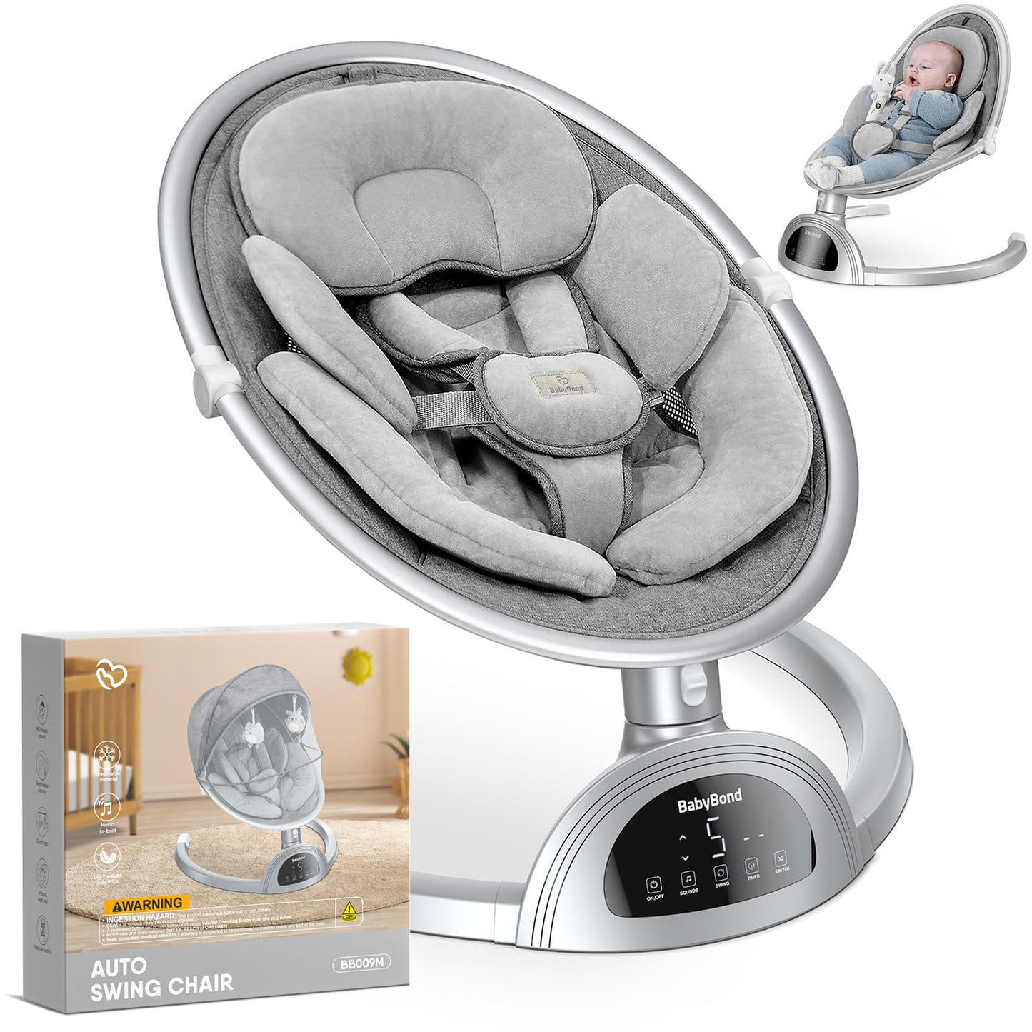 BabyBond Baby Swings for Infants, Bluetooth Infant Swing with Music Speaker, 3 Seat Positions, 5 Point Harness Belt, 5 Speeds and Remote Control - Portable Baby Swing for Indoor and Outdoor (Black)