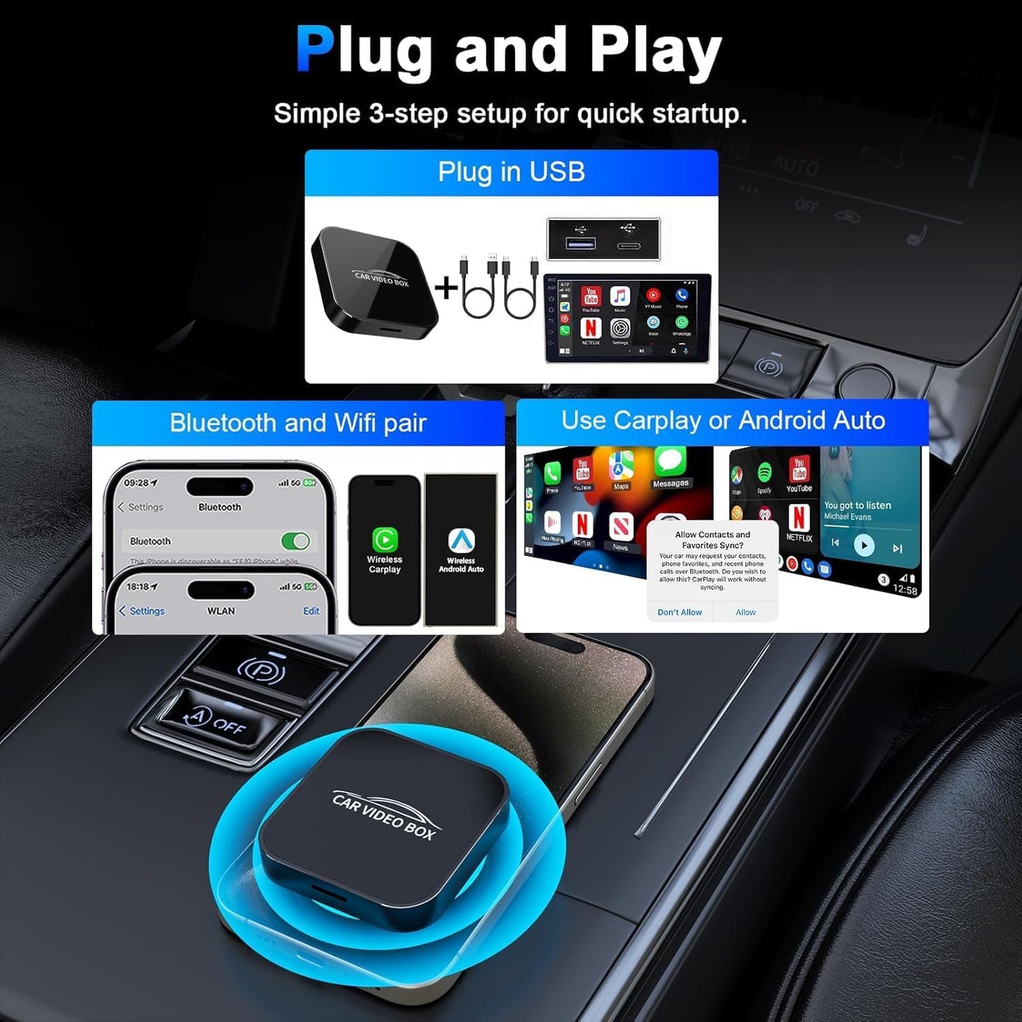 Wireless Carplay Adapter with Netflix YouTube, 2024 Carplay Wireless Adapter& Android Auto Wireless Dongle Easy to Setup,5GHz WiFi,Video Box Convert Wried to Wireless CarPlay Stream to Your Car