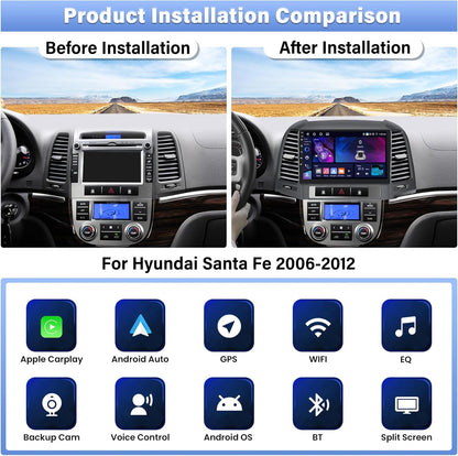 4+64G Android 13 Car Radio for Hyundai Santa Fe 2006-2012, 9'' HD 1280 * 720 Touchscreen Bluetooth Car Stereo with Wireless CarPlay Android Auto Mirror Link GPS Navi,WiFi,32EQ DSP,SWC+Camera&Mic