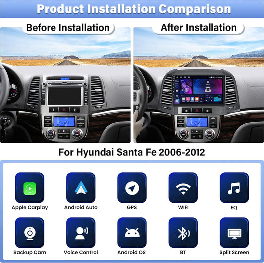 4+64G Android 13 Car Radio for Hyundai Santa Fe 2006-2012, 9'' HD 1280 * 720 Touchscreen Bluetooth Car Stereo with Wireless CarPlay Android Auto Mirror Link GPS Navi,WiFi,32EQ DSP,SWC+Camera&Mic