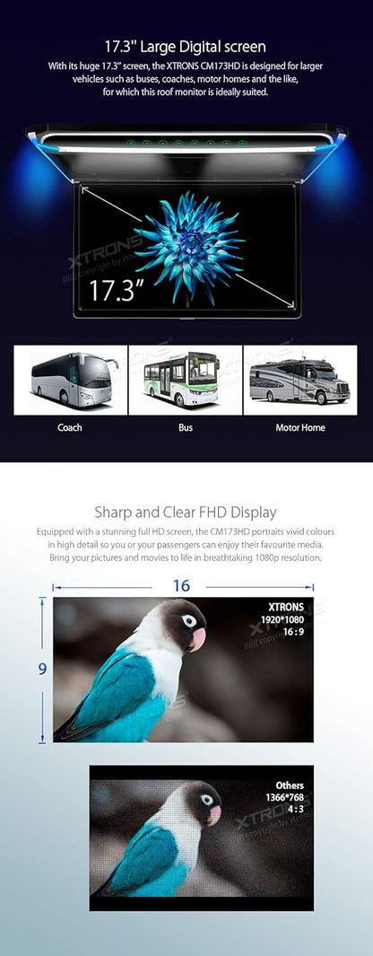car displayXTRONS® 17.3 Inch 16:9 Ultra-Thin FHD Digital TFT Screen 1080P Video Car Overhead Player Roof Mounted Monitor HDMI Port 1920 * 1080 Full High Definition (Built in Speaker)