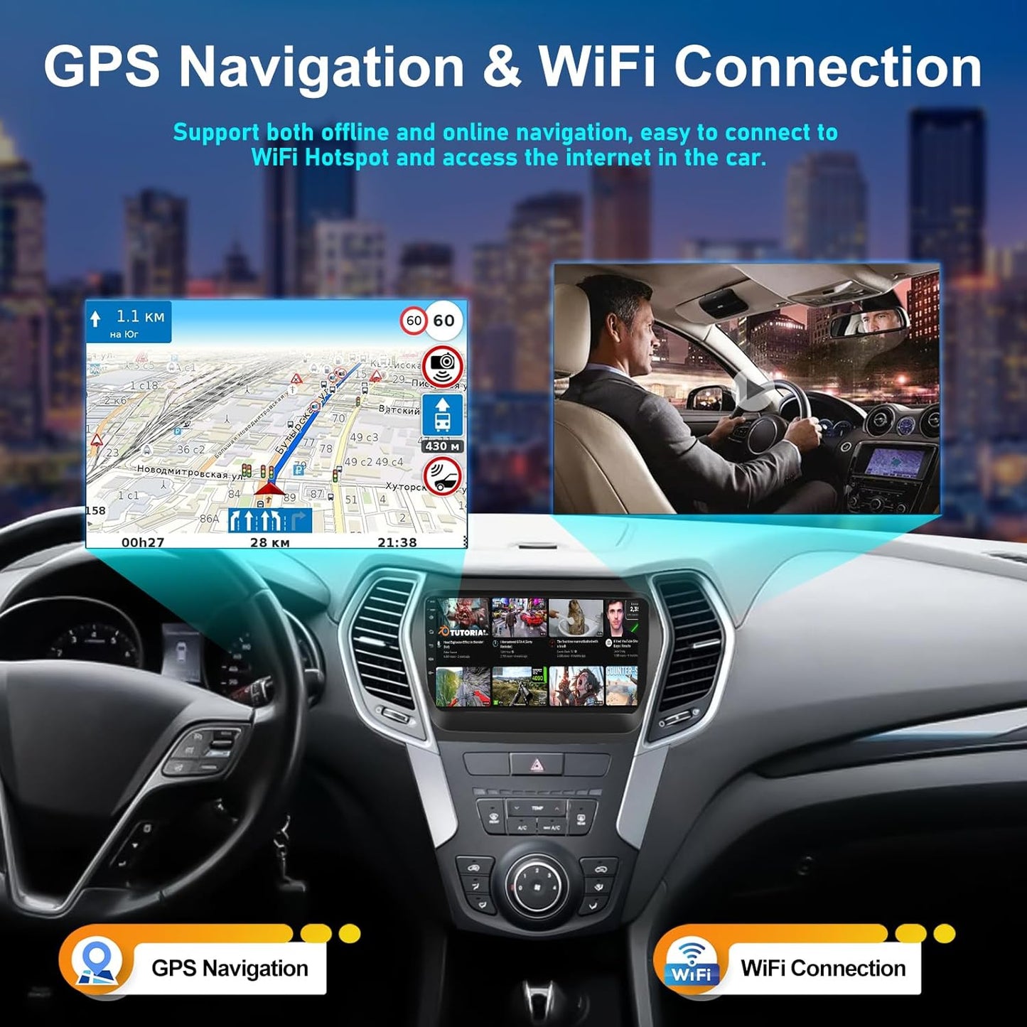 2G+32G Android 13 Car Stereo for Hyundai Santa Fe 2013-2017 with Wireless Apple CarPlay Android Auto Mirror Link 9" Touch Screen Bluetooth Car Radio with GPS Navigation WiFi Backup Camera FM Head Unit