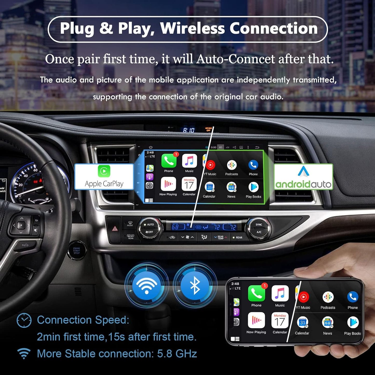 KAMING Carplay Adapter, Compatible with iPhone and Android Phones, Wireless and Plug and Play, 5G Dual-band Signal Filtering Technology, Supports Netflix, YouTube, and GPS