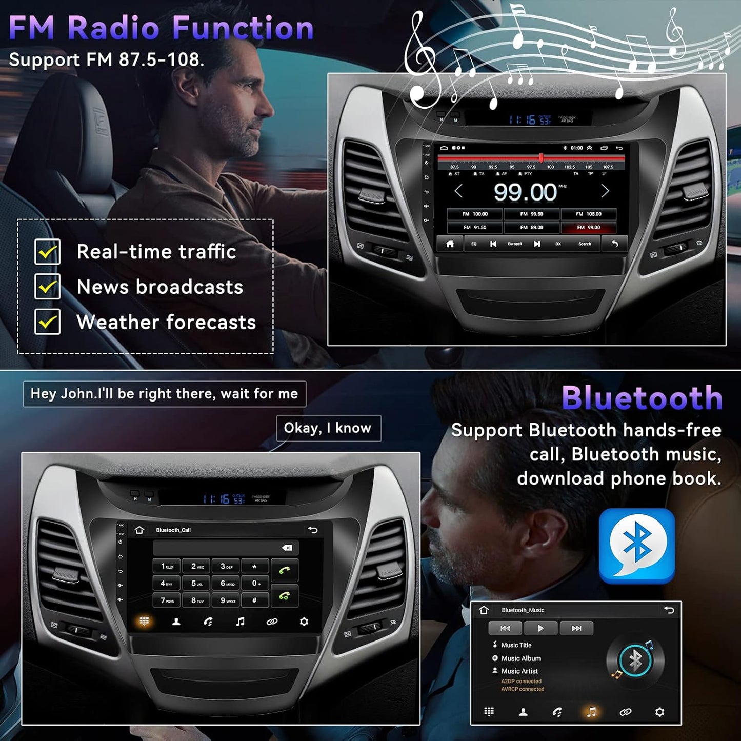 2+64G Android Car Stereo for Hyundai Elantra 2014 2015 2016 with Apple Carplay Android Auto Mirror Link 9 inch Touchscreen Radio Head Unit FM RDS HiFi Bluetooth WiFi GPS + AHD Backup Camera & MIC