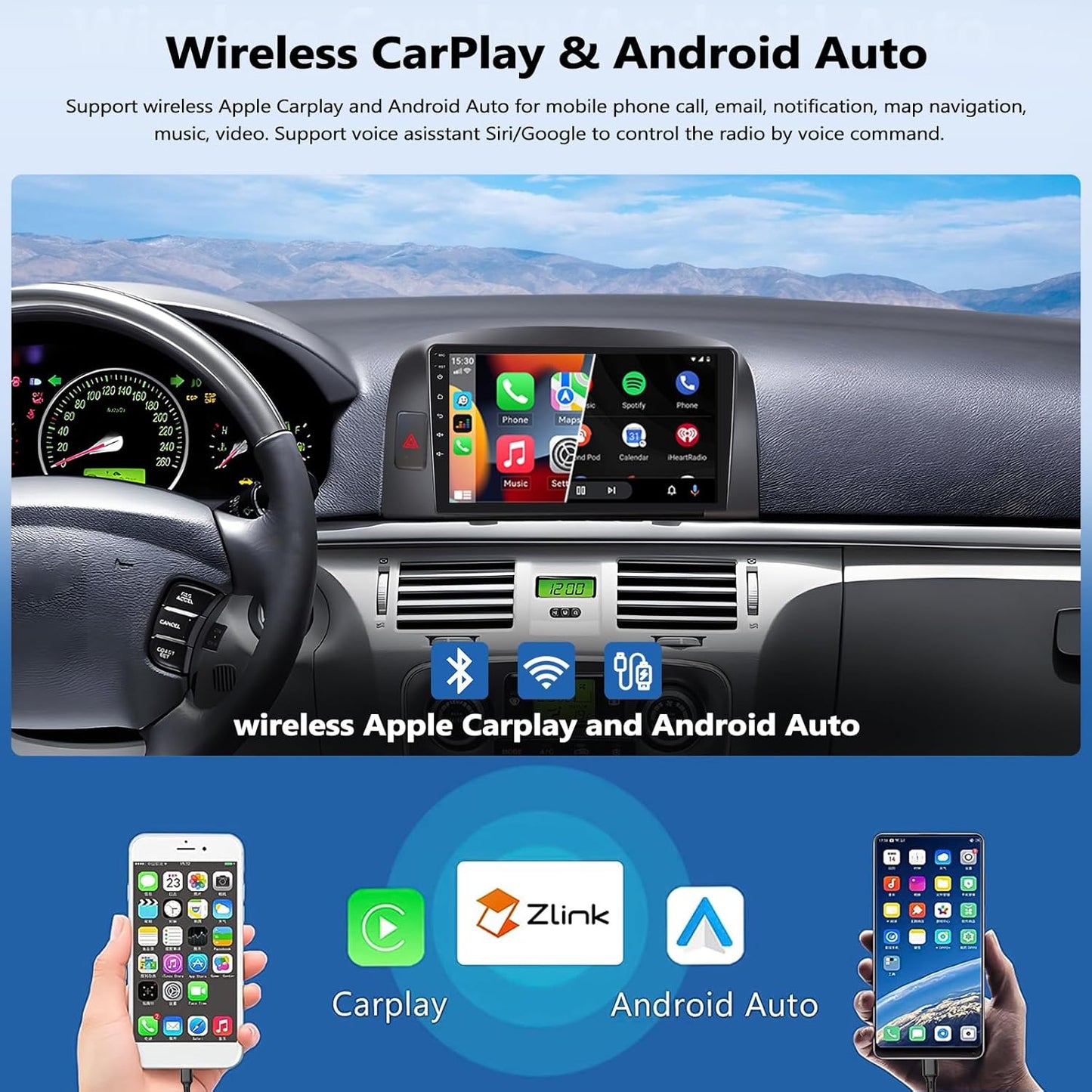 2G+32G Car Stereo Radio with Wireless Apple CarPlay Android Auto for Hyundai Sonata 2004-2008 9" Android Touch Screen Bluetooth Car Radio with GPS Navigation WiFi Backup Camera FM RDS Head Unit