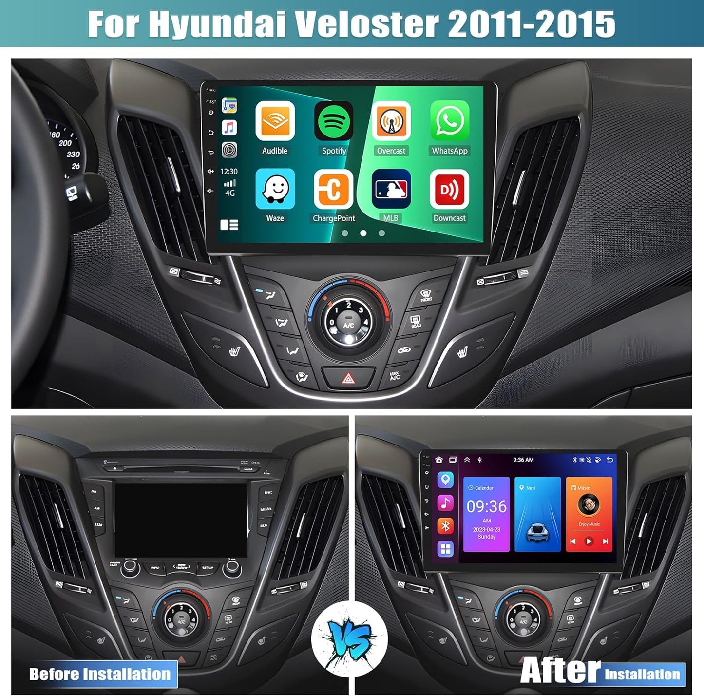 [8 Core 4G+64G] Android 13 Car Stereo for Hyundai Veloster 2011-2015 with Wireless Apple Carplay Android Auto,9'' Touchscreen Car Radio with WiF/GPS Navigation,Bluetooth,FM/RDS,SWC+AHD Backup Camera