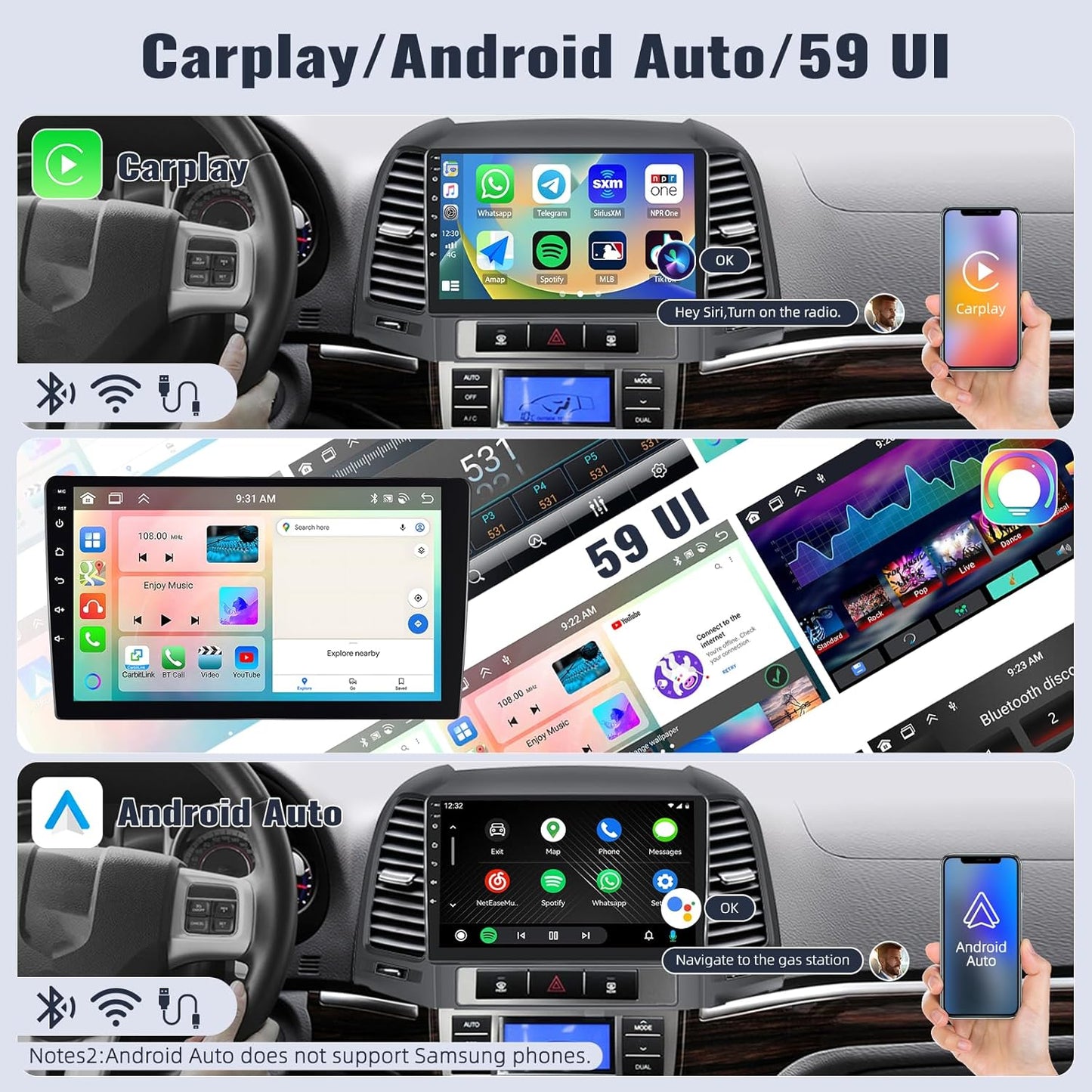 SIXWIN Android 13 4G+64G Car Stereo for Hyundai Santafe 2006-2012 9 Inch Touch Screen with CarPlay Android Auto with Bluetooth Weather Forecast 59UI GPS Navigation WiFi Network Radio 32EQ