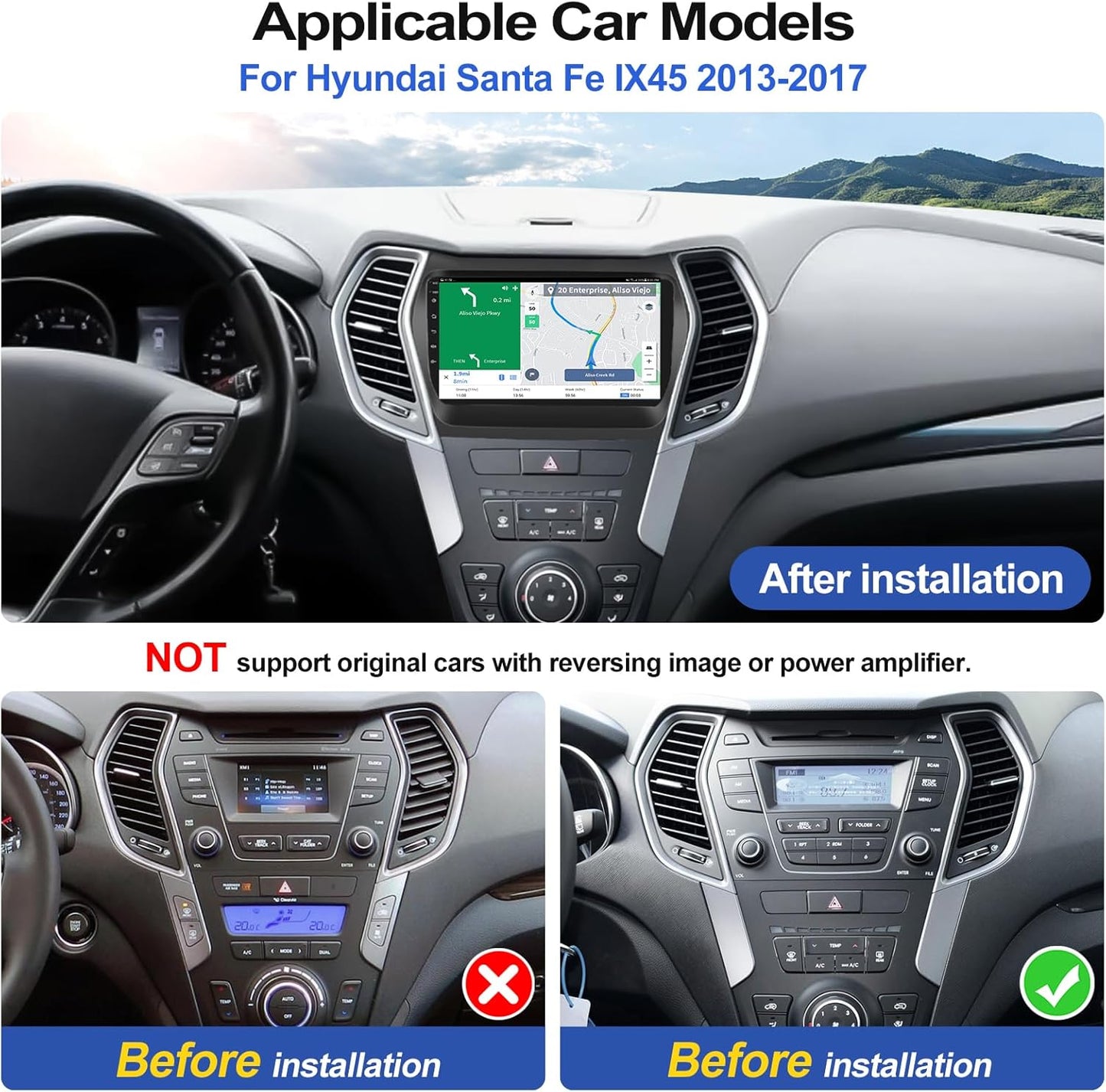 2G+32G Android 13 Car Stereo for Hyundai Santa Fe 2013-2017 with Wireless Apple CarPlay Android Auto Mirror Link 9" Touch Screen Bluetooth Car Radio with GPS Navigation WiFi Backup Camera FM Head Unit