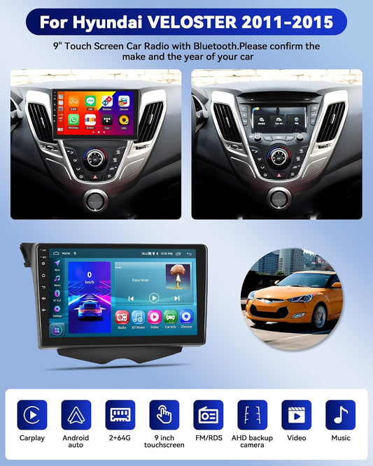 CAMECHO 9'' Touchscreen Car Radio for Hyundai Veloster 2011-2015 Head Unit with Carplay Android Auto, 2+64G Android 13 with Bluetooth 5.0, GPS Navigation, WiFi, FM/RDS + Backup Camera & Microphone