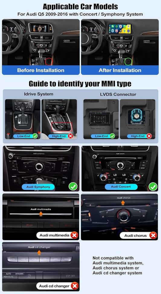 2+64GB Car Stereo Radio for Audi Q5 2009-2017 Concert/Symphony with Wireless CarPlay Android Auto Android 13 Head Unit 10.33" IPS Touch Screen Car Radio with DSP Bluetooth FM WiFi GPS Navigation