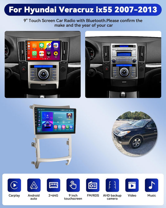 CAMECHO 9'' Touchscreen Car Radio for Hyundai Veracruz ix55 2007-2013 Head Unit with Carplay Android Auto, 2+64G Android 13 with Bluetooth 5.0, GPS Navigation, WiFi, FM/RDS + Backup Camera & Mic