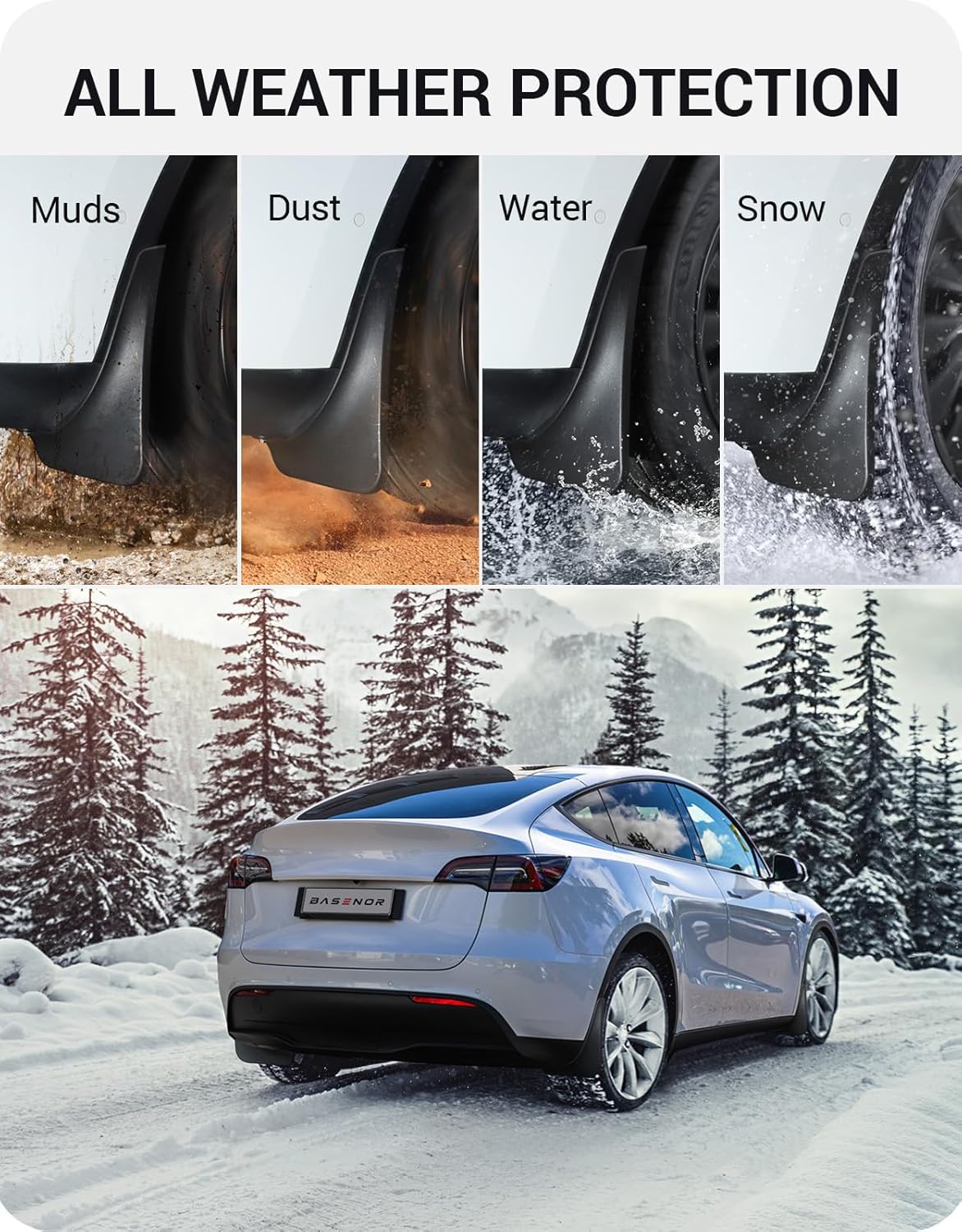 BASENOR 2025 Upgraded Tesla Model Y Mud Flaps Splash Guards Vehicle Sediment Protection No Drilling No Tape Mudflaps Tire Protector Mudflaps All Weather Tesla Exterior Accessories (Set of 4)Tesla   Vehicle Accessories