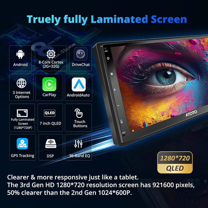 [Fully Laminated Screen] Android Double Din Car Stereo, 8-Core Android Head Unit 1280 * 720P, Powered by ChatGPT, Wireless Carplay&Android Auto, ATOTOEXCEL A6PF GPS Navigator, LRV, WiFi/BT