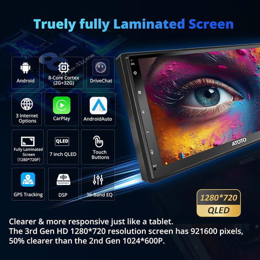 [Fully Laminated Screen] Android Double Din Car Stereo, 8-Core Android Head Unit 1280 * 720P, Powered by ChatGPT, Wireless Carplay&Android Auto, ATOTOEXCEL A6PF GPS Navigator, LRV, WiFi/BT