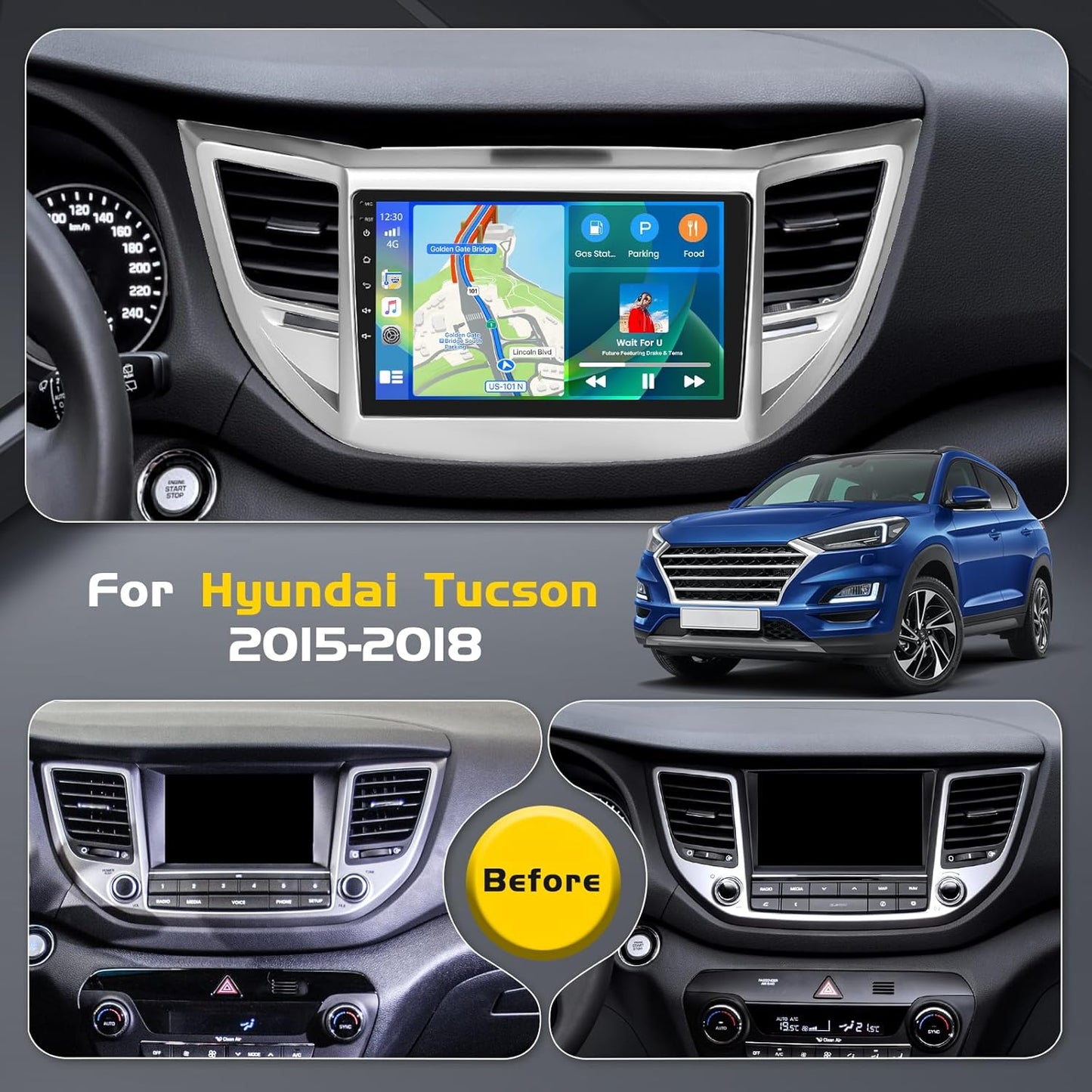 4+64G Inefala for Hyundai Tucson 2015-2018 Android 13 Car Radio Stereo with Wireless Carplay Android Auto Head Unit, 9" HD Touch Screen WiFi GPS BT5.0 FM/RDS EQ Mirror Link SWC Backup Camera MIC