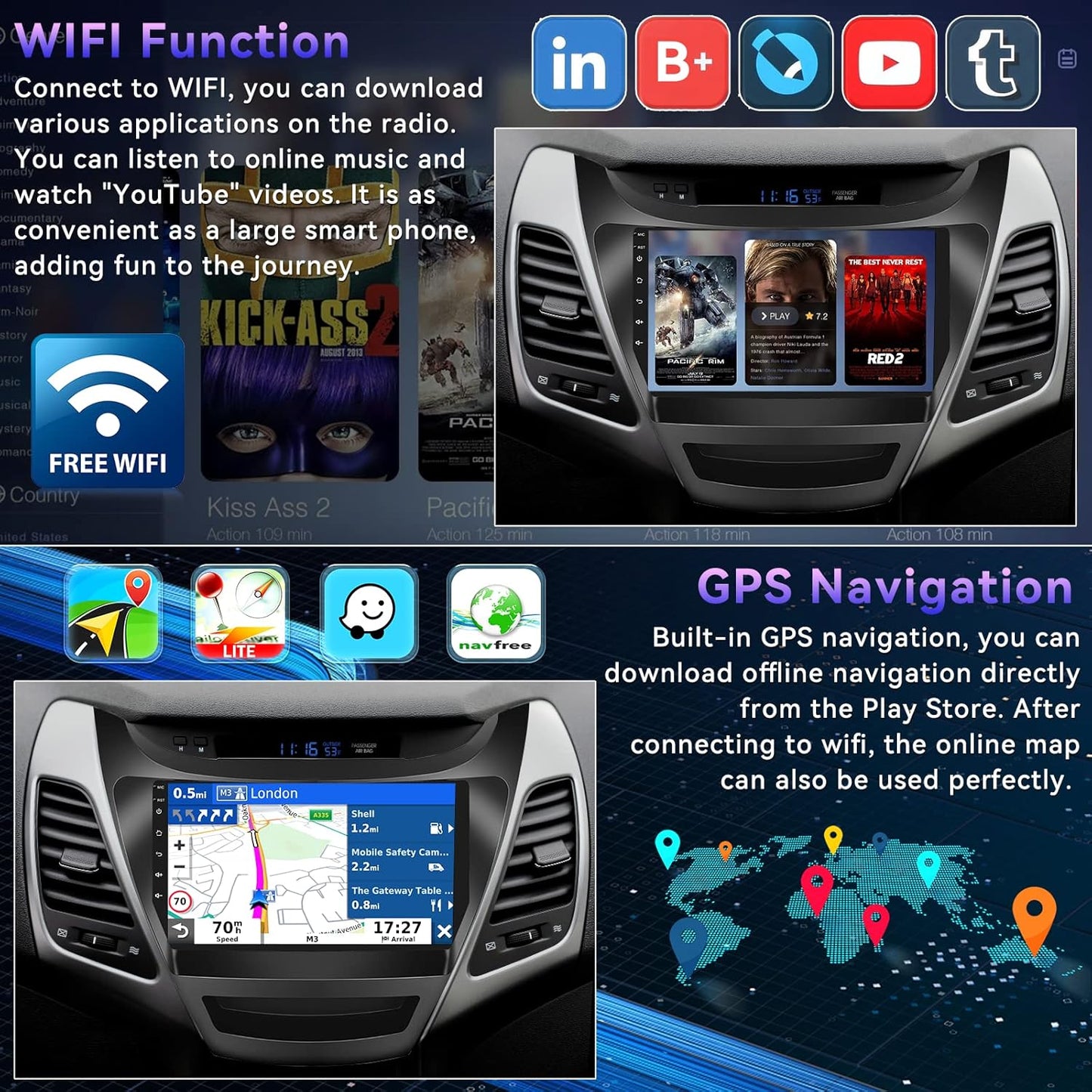 2+64G Android Car Stereo for Hyundai Elantra 2014 2015 2016 with Apple Carplay Android Auto Mirror Link 9 inch Touchscreen Radio Head Unit FM RDS HiFi Bluetooth WiFi GPS + AHD Backup Camera & MIC