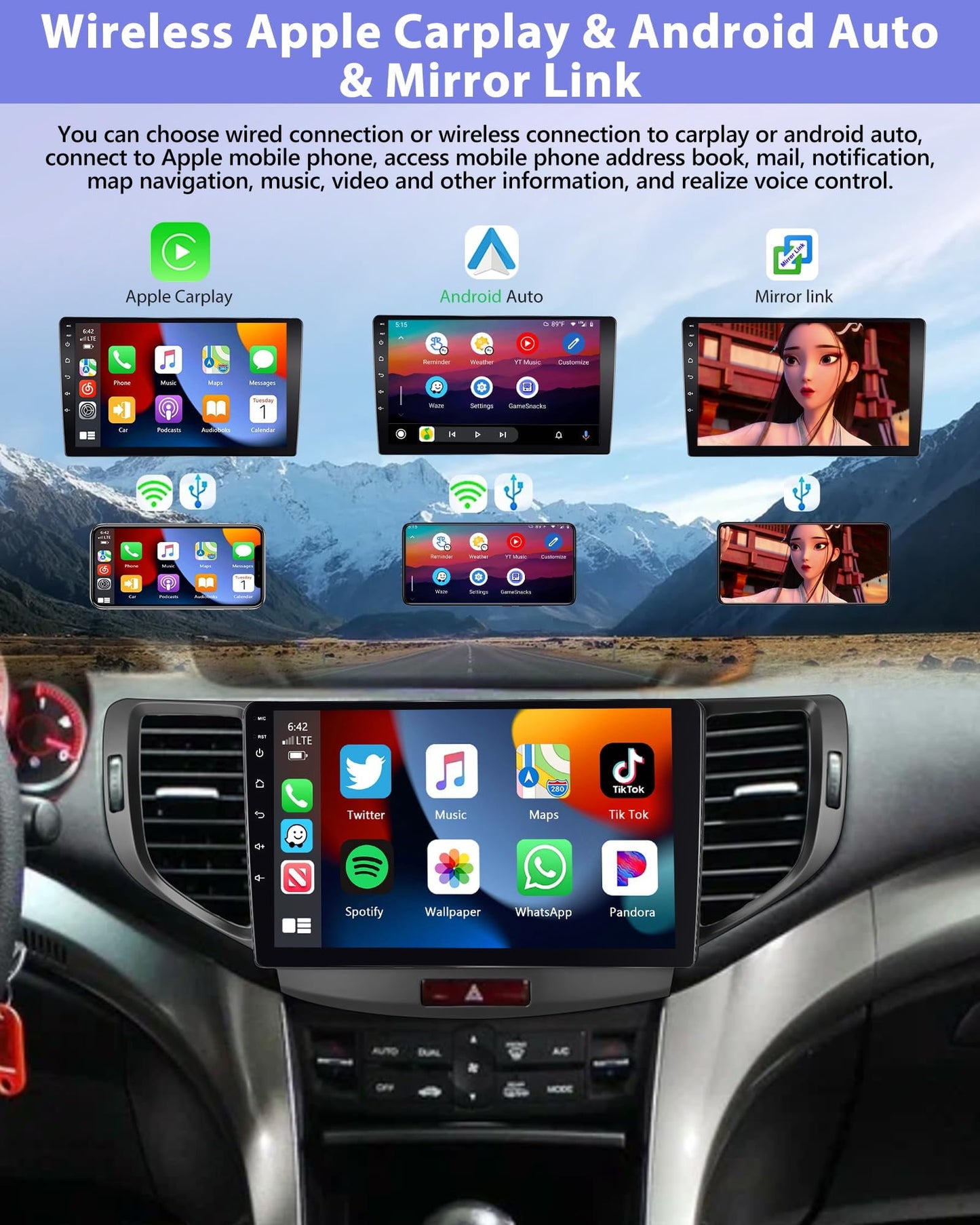 2+64G Car Stereo for Acura TSX 2009-2014/Honda Spirior Accord 2008-2012 with Apple Carplay Android Auto,WiFi 9'' IPS 1280*720 Touchscreen Car Radio with GPS,Bluetooth,FMRDS+Backup Cam C42