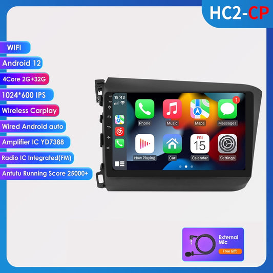 9" Android 12 Carplay 2+32GB Wifi RDS Car Stereo Radio GPS Navigation Player For Honda Civic 2012-2015 Honda Android host