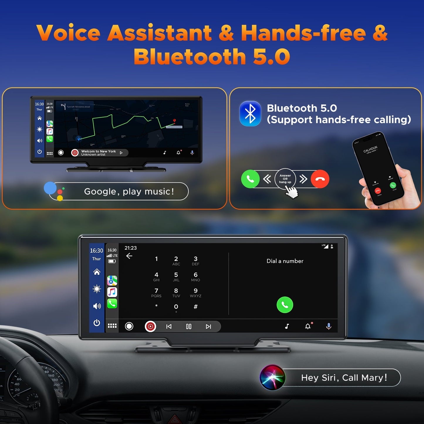 Lamtto 10.26" Wireless Carplay and Android Auto, 2.5K +1080P Dash Cam, Portable Carplay Screen for Car GPS Navigation, Car Stereo Receiver with Bluetooth, Airplay, Google, Siri