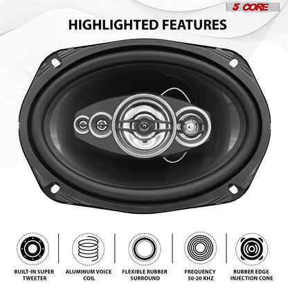 5 Core 6x9 Car Speaker 800W 4Ohm 2 Way Coaxial Speaker w Super Tweeter Universal Fit for Vehicle CS 69 2W