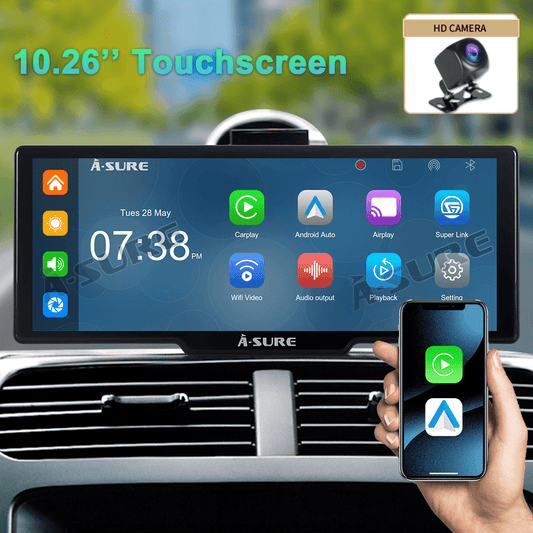 ASURE 10.26'' Portable Dual Camera Dash Mount Car Stereo with Wireless Apple CarPlay Android Auto, Universal Multimedia Player Dash Cam IPS Touchscreen