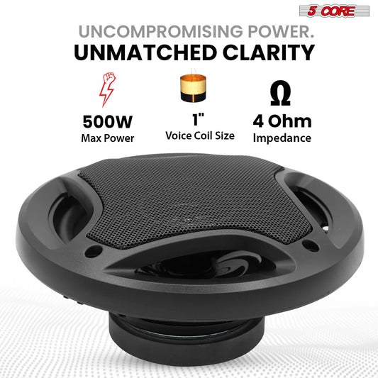 5 Core 2 Way 6" Car Speaker 500W Coaxial Component Speaker Universal Quick Easy Fit for Cars CS 06 2W