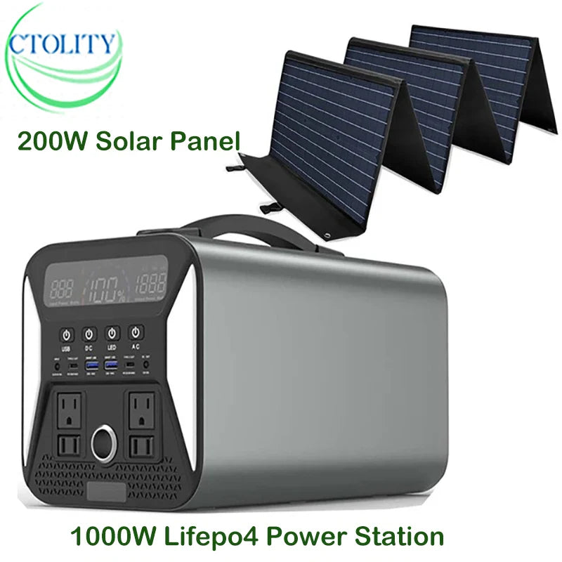 1000W Portable Power Station With 200W Solar Panel Lifepo4 Batteries for Camping Outdoor Solar Generater Pure Sine Wave