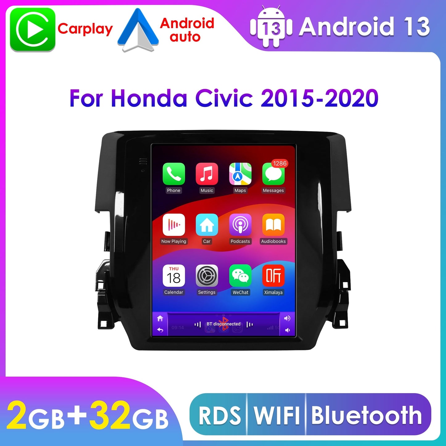 Apple Carplay Android 13 Bluetooth 2+32GB Wifi RDS 9.7" Touch Screen Car Stereo Radio Head Unit GPS Navigation Player For Honda Civic 2015 2016 2017 2018 2019 2020 Honda Android host