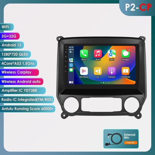 Apple Carplay Android 13 Wifi Bluetooth 2+32GB Car Stereo Radio Head Unit Player For GMC Sierra/ Chevrolet Silverado 2014 2015 2016 2017 2018