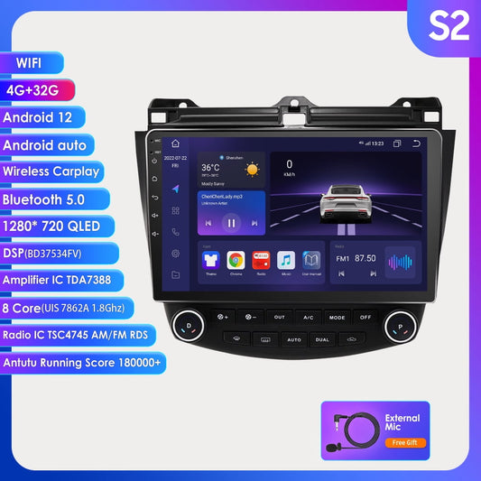 Apple Carplay Android Auto 10.1 Inch Car Radio Stereo Head Unit With 4G RAM 32G ROM WiFi GPS Navigation DSP Bluetooth For Honda Accord 2003-2007