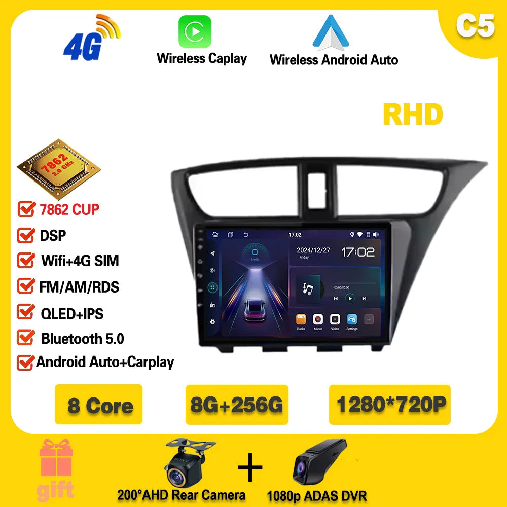 For Honda CIVIC Hatchback 2012-2017 Android 14 GPS Qualcomm Snapdragon high-performance Car Radio stereo multimedia player Ferrari   Android host