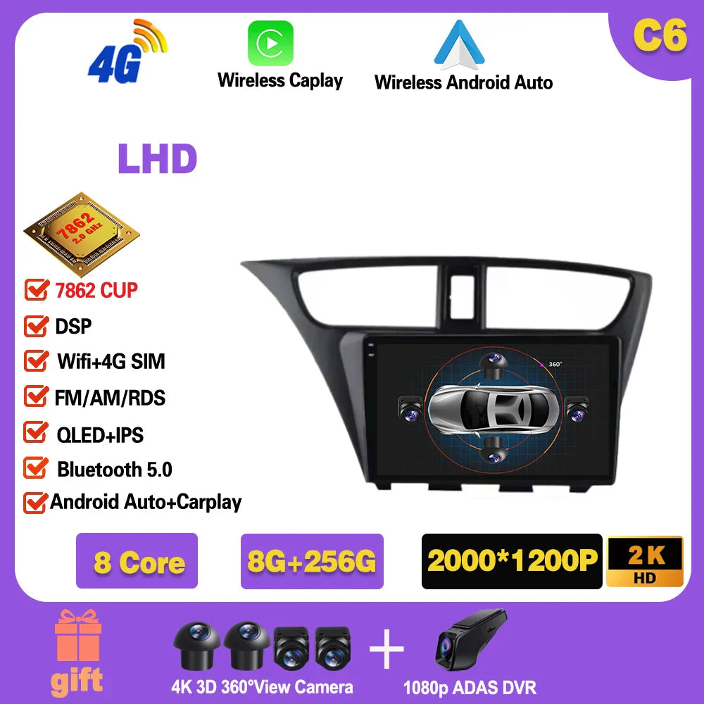 For Honda CIVIC Hatchback 2012-2017 Android 14 GPS Qualcomm Snapdragon high-performance Car Radio stereo multimedia player Ferrari   Android host