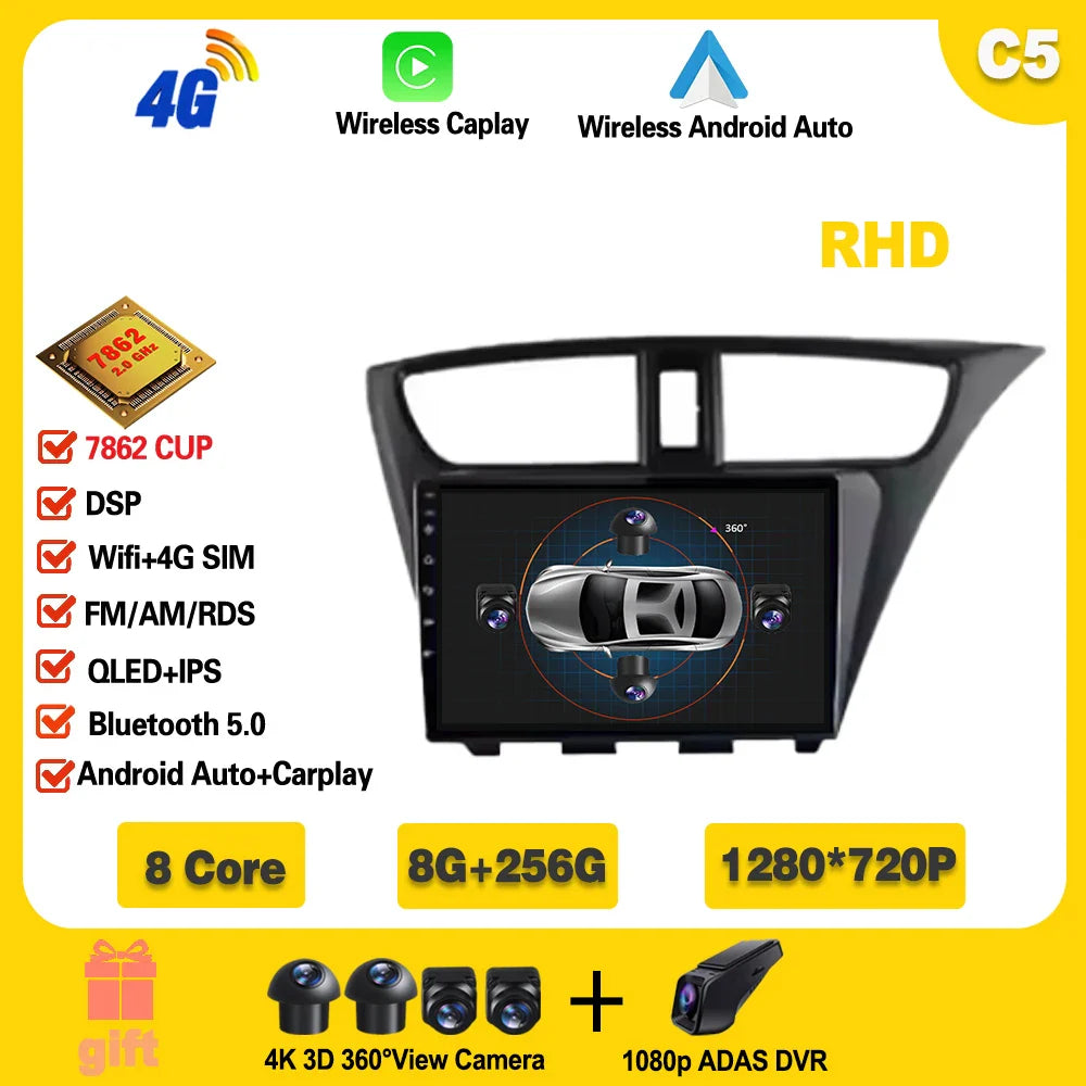 For Honda CIVIC Hatchback 2012-2017 Android 14 GPS Qualcomm Snapdragon high-performance Car Radio stereo multimedia player Ferrari   Android host