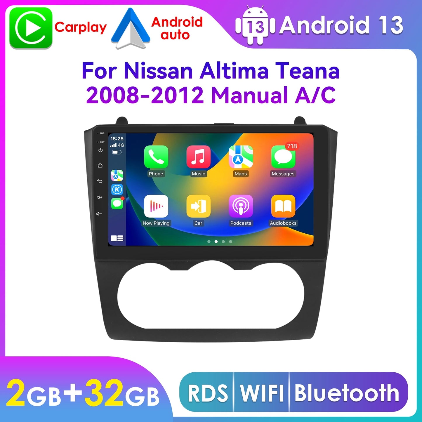 For Nissan Altima Teana 2008 2009 2010 2011 2012 Bluetooth Apple Carplay 2+32GB Wifi RDS Android 13 Car Stereo Radio Head Unit Multimedia GPS Navigation Player