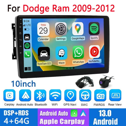 Guwzn Car Stereo Radio for Dodge Ram 2009-2012 10" Touchscreen 4+64G Vehicle GPS Navigation Wireless CarPlay Android Auto