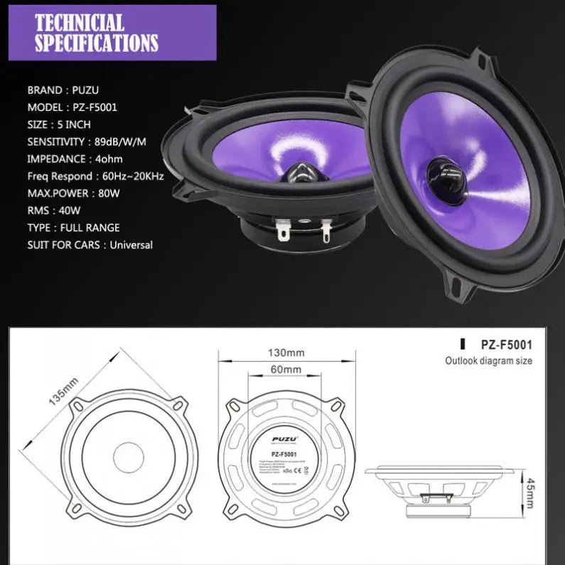 2pcs 5 Inch 80W Full Range Frequency Car Audio Speaker Heavy Mid-bass Ultra-thin Modified Speaker  Non-destructive Installation