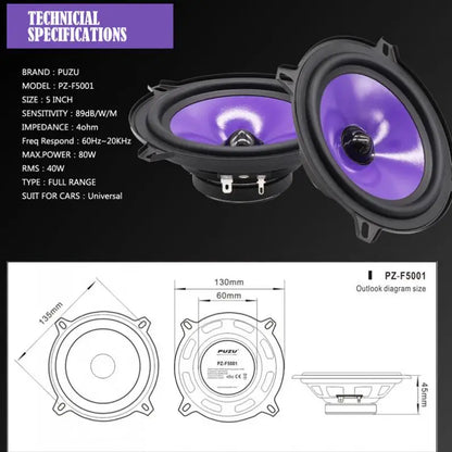 2pcs 5 Inch 80W Full Range Frequency Car Audio Speaker Heavy Mid-bass Ultra-thin Modified Speaker  Non-destructive Installation