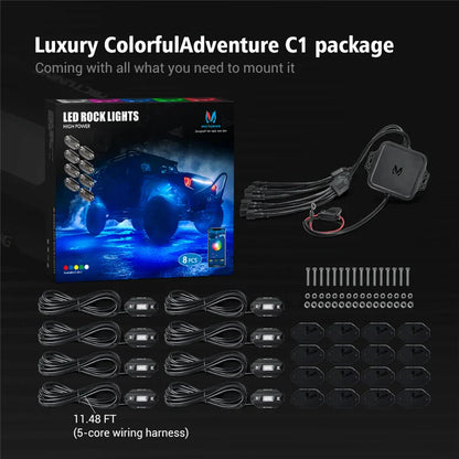 MICTUNING C1 8 Pods RGBW LED Rock Lights Remote Multicolor Underglow Neon Light Kit Wireless App Controller Music Mode