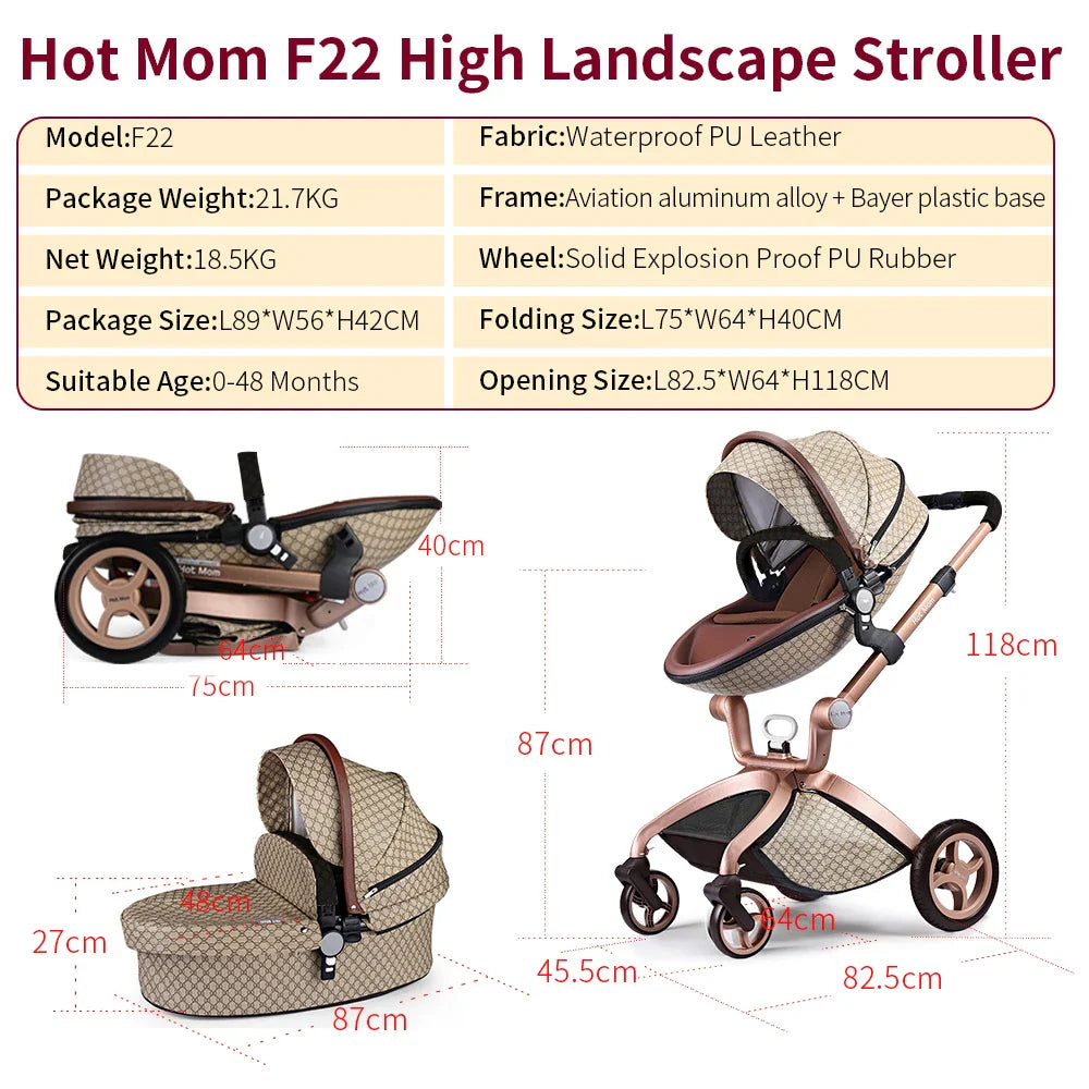 Hot Mom F22 baby stroller,adjustable seat,aluminum frame,solid rubber tires,rain cover,mosquito net,large storage basket