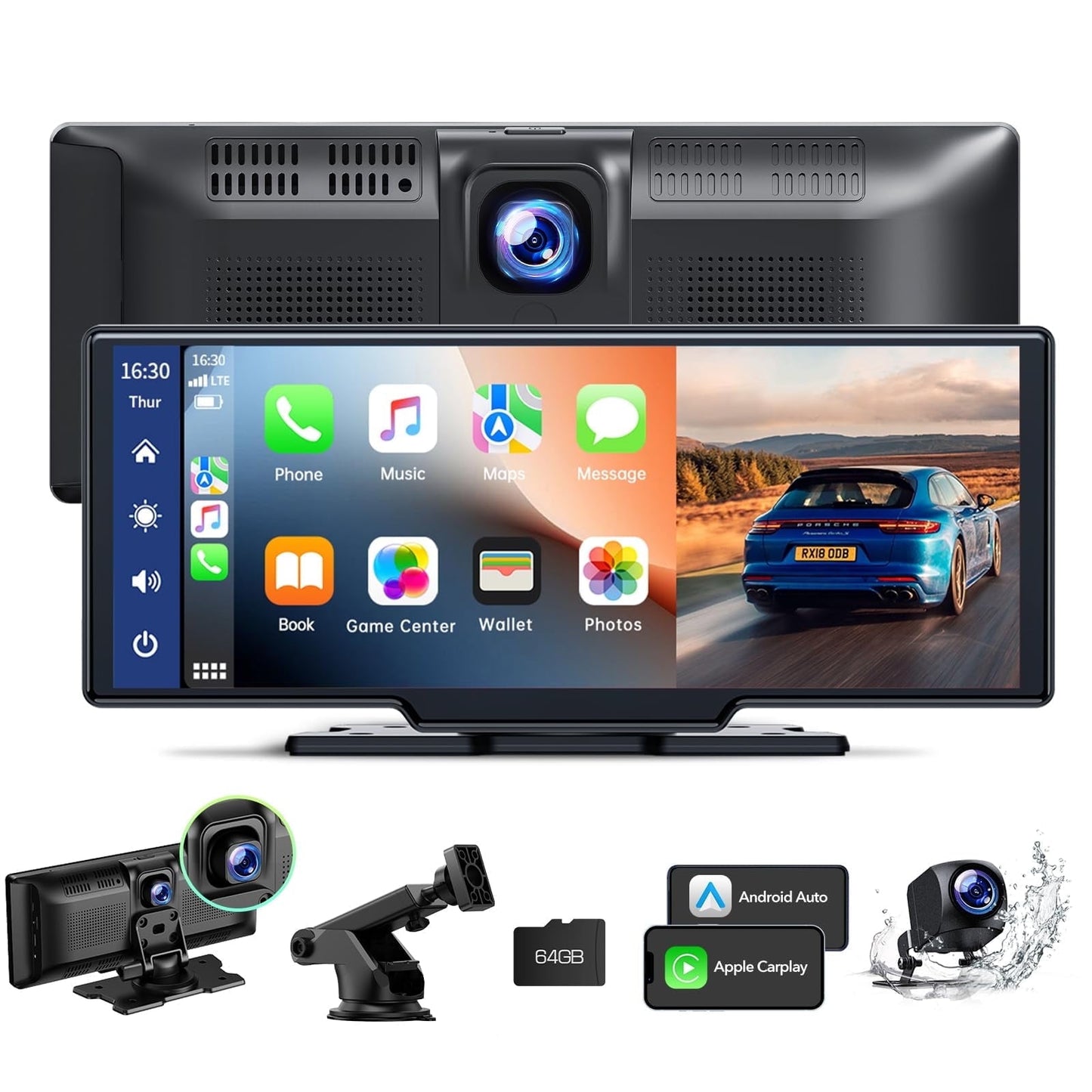 Lamtto 9 inch Wireless Apple Carplay and Android Auto,Portable Touch Screen Car Stereo, with Bluetooth, FM, GPS Navigation, Siri, 1080P Backup Camera