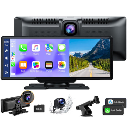 Lamtto 9 inch Wireless Apple Carplay and Android Auto,Portable Touch Screen Car Stereo, with Bluetooth, FM, GPS Navigation, Siri, 1080P Backup Camera