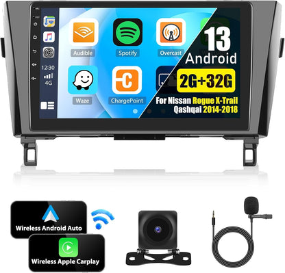 LICHENGTAI Android 13 Car Radio Stereo for Nissan Rogue X-Trail Qashqai 2014-2018 with Wireless Apple Carplay Android Auto, 10.1" HD Touchscreen Car Radio with Bluetooth, FM/RDS, SWC, GPS